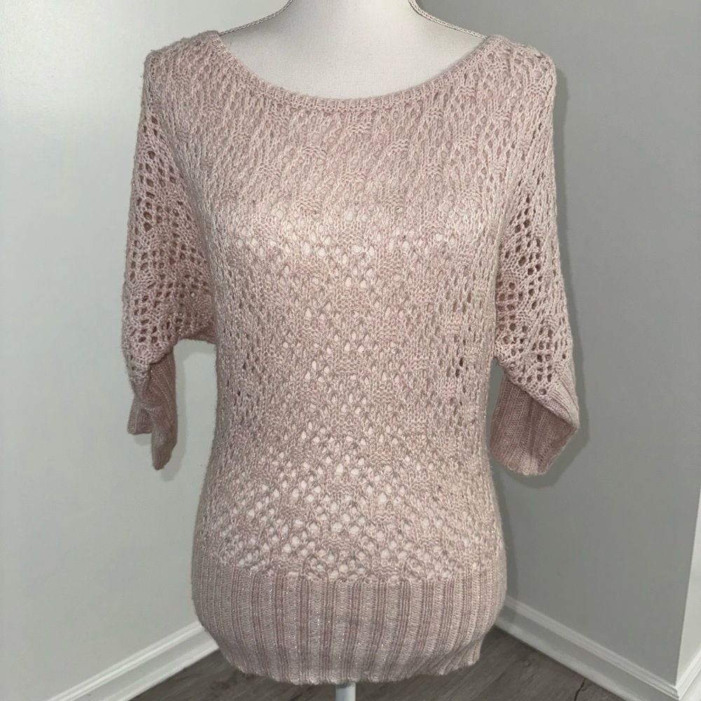 It’s Our Time Women’s Medium Pink‎ 3/4 Sleeve Open Knit Sweater Sparkly Y2K